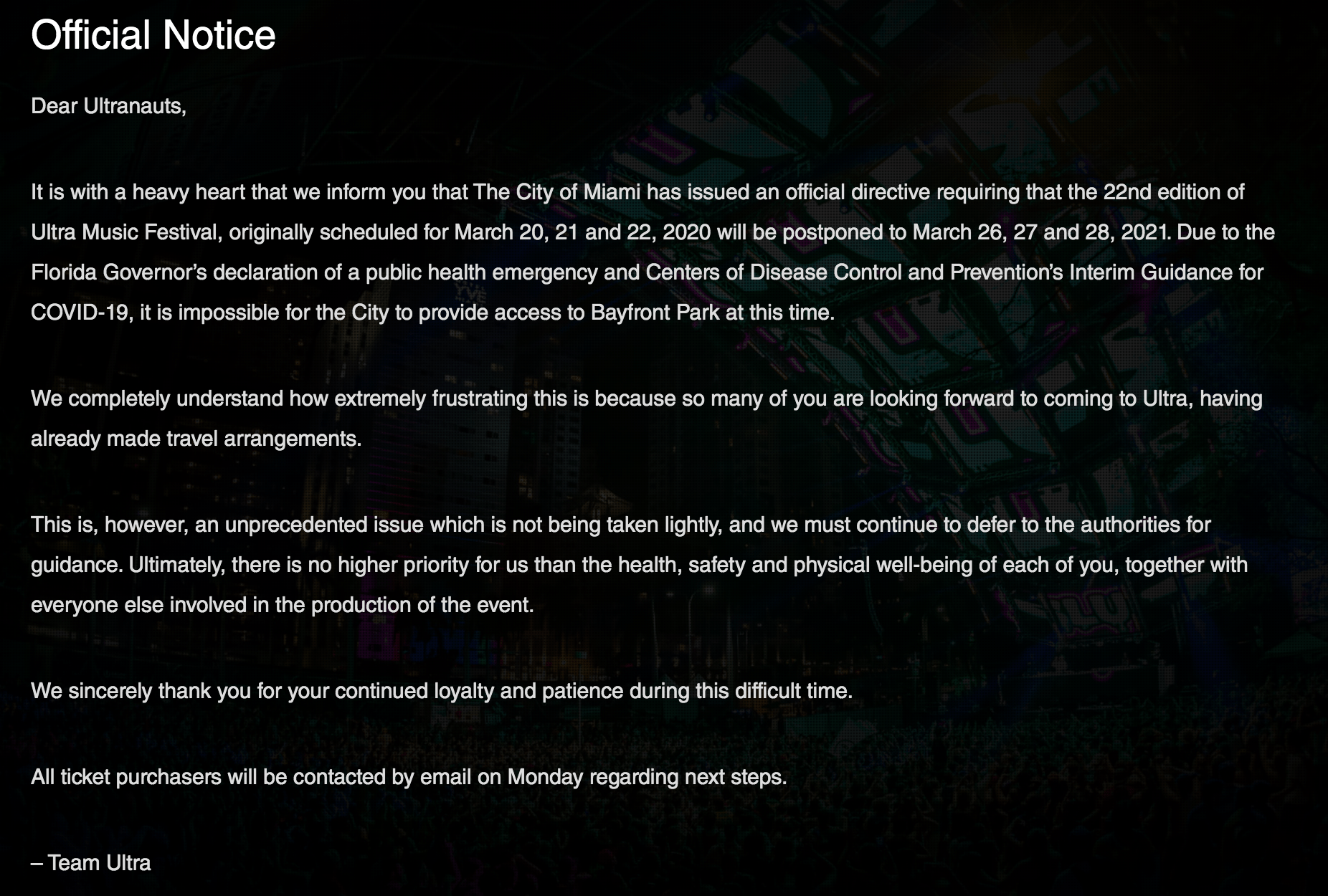 UMF Official Statement
